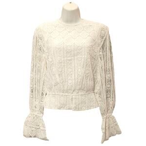 Divine Heritage Dove Long Sleeve Lace Blouse Ruffle Cuffed White Womens S NWT
